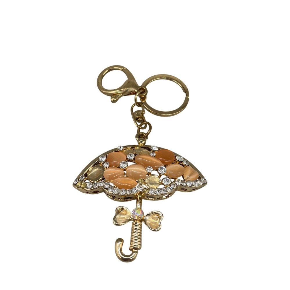 Gold Tone Umbrella Keychain Peach Cats Eye Rhinestone Parasol Bag Charm Flaws